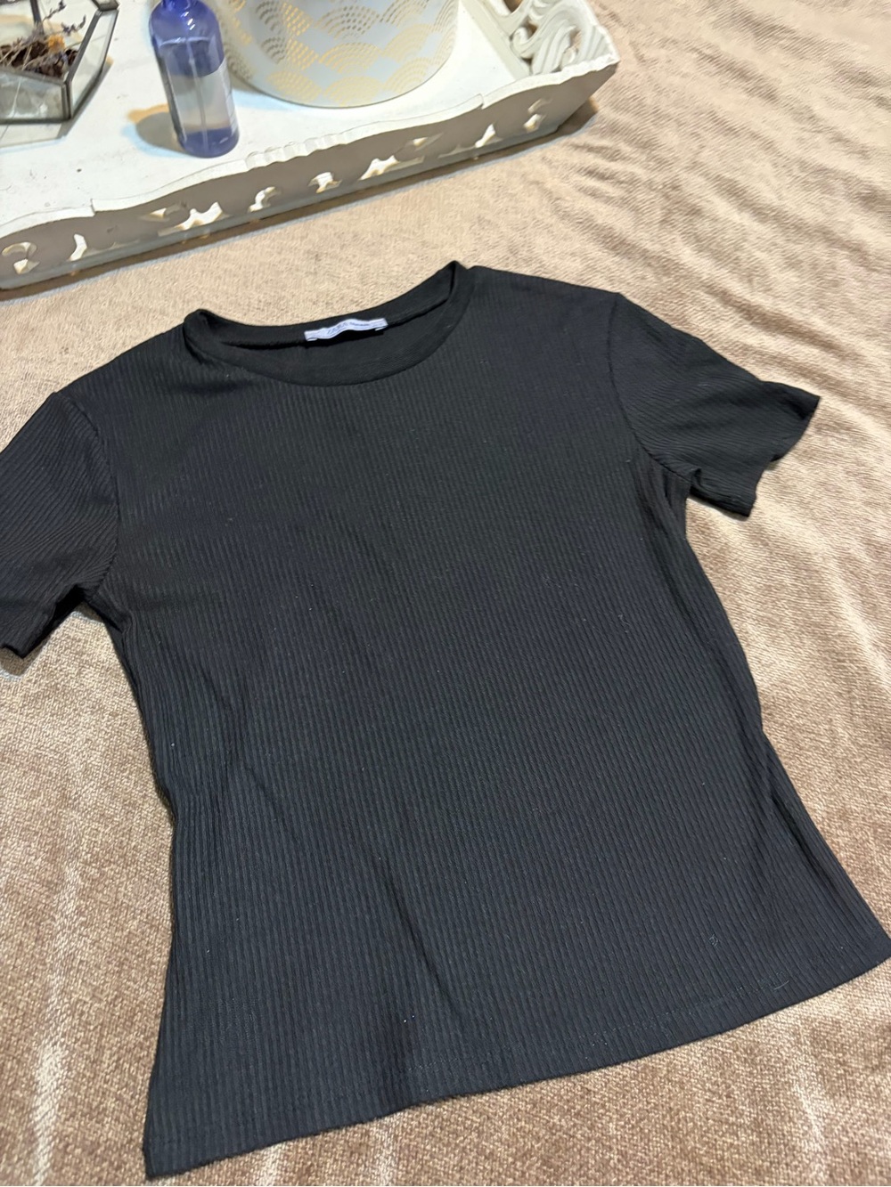 Zara Women’s Black Ribbed Crewneck Tee, Size Small
